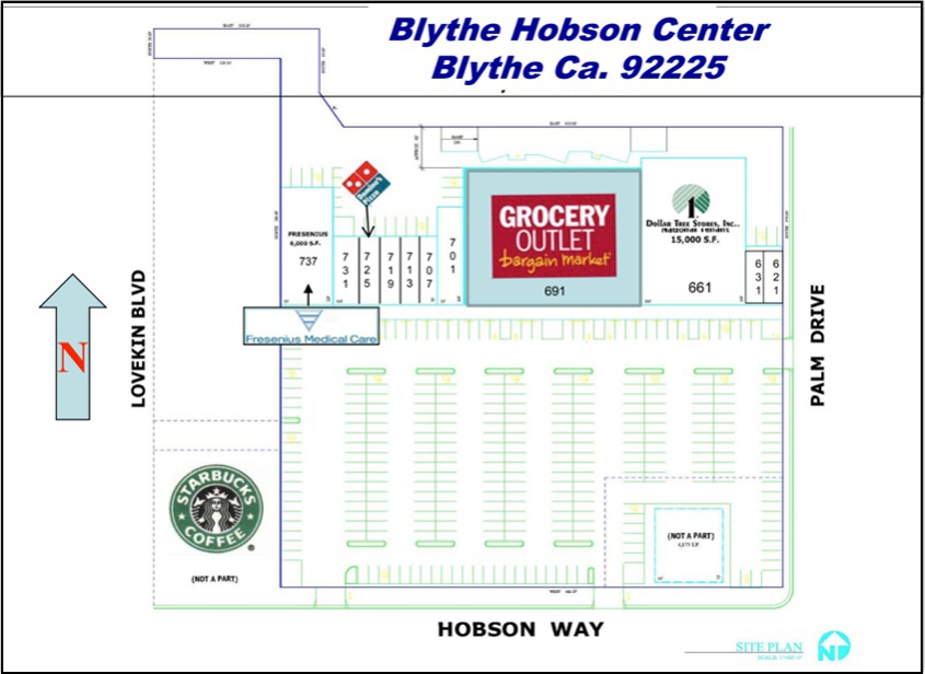 Hobson Center site plan showing layout of retail suites, parking fields, and access from West Hobsonway and Lovekin Blvd